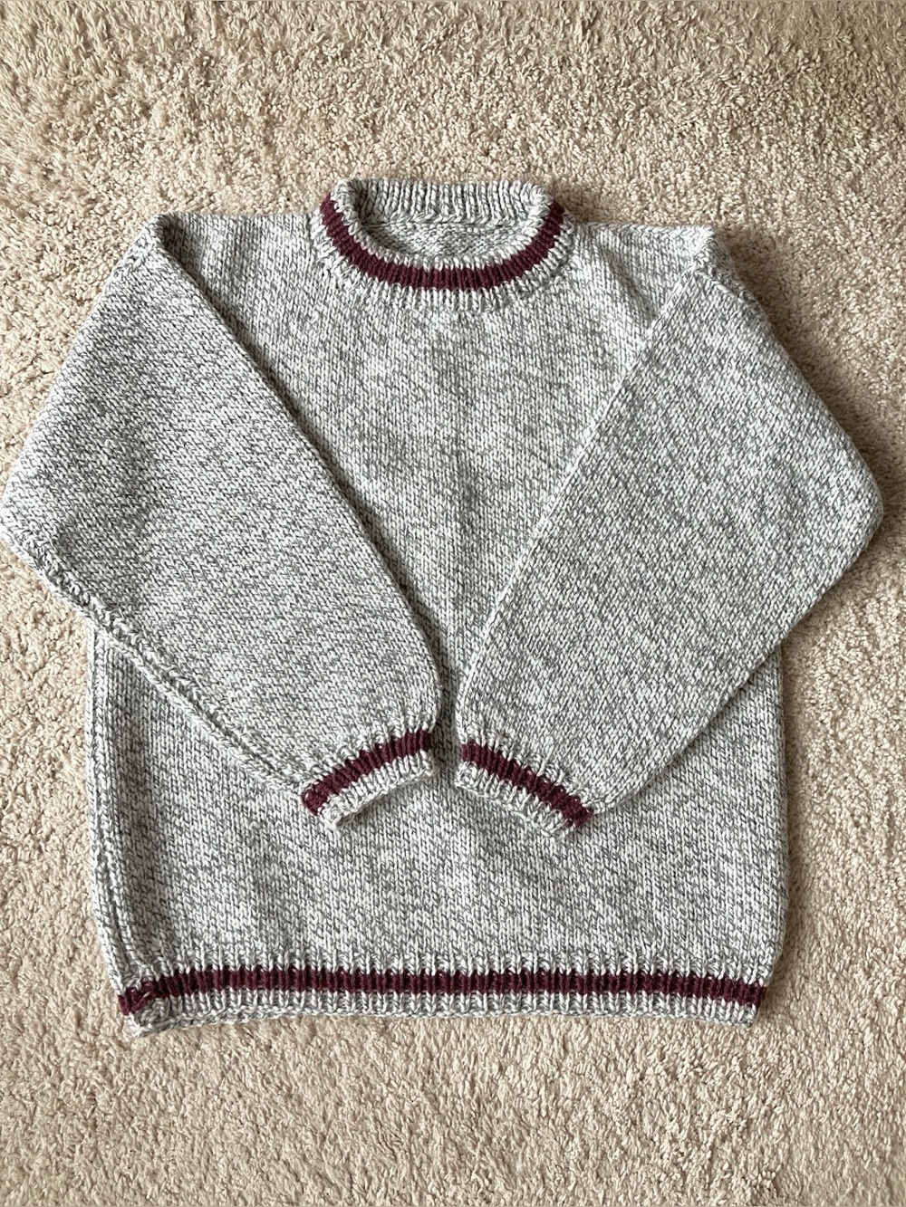 Vintage Youth Hand Knit Crewneck Sweater with Burgundy Trim